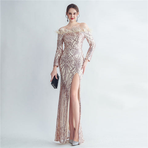 Vestido de noche de lentejuelas con hombros descubiertos y cola de pez, confeccionado con pelo de avestruz de alta densidad 