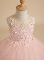 Vestido de princesa sin mangas de tul con apliques de encaje y cola corta para niñas 