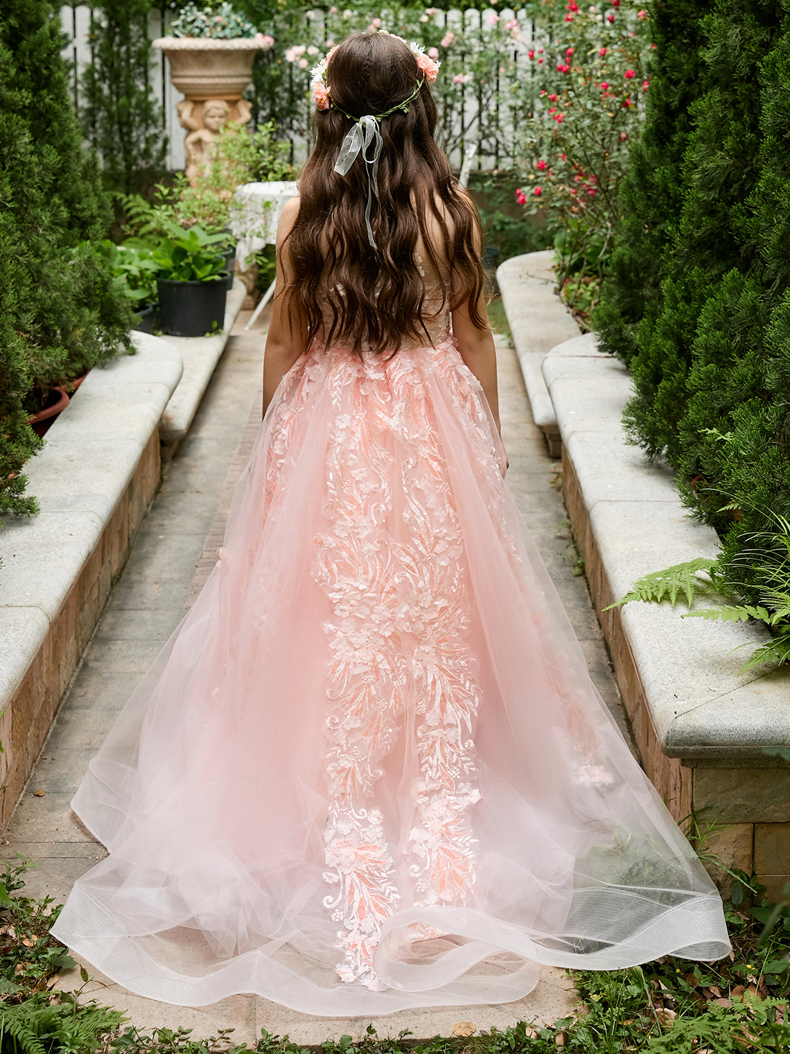 Vestido de princesa rosa para niñas con apliques de encaje 