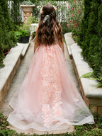 Vestido de princesa rosa para niñas con apliques de encaje 