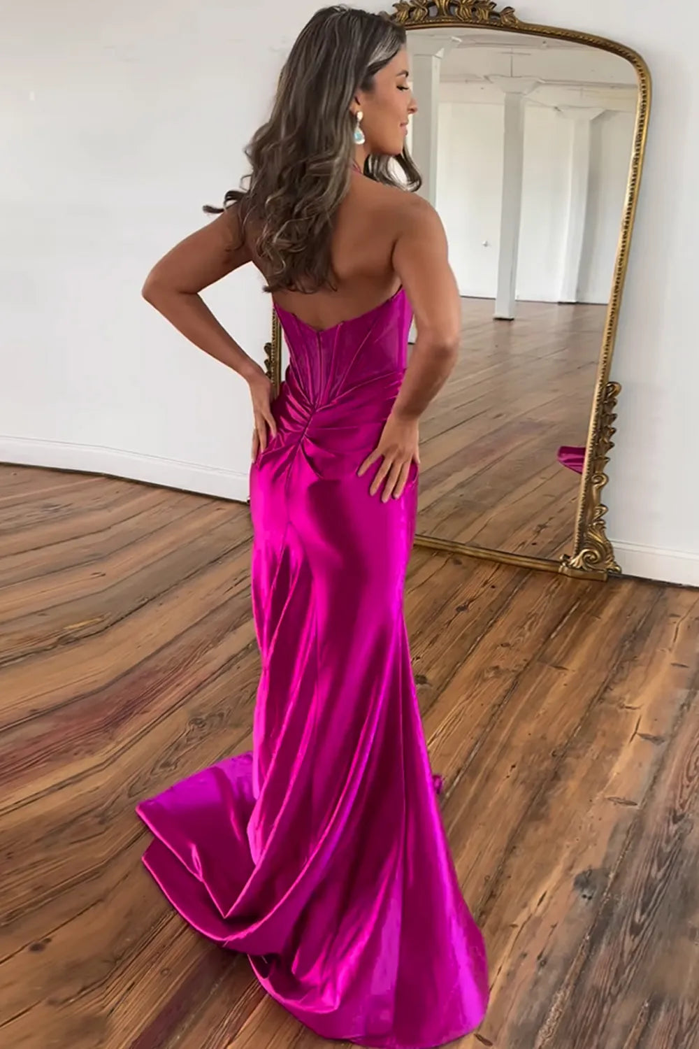 Halter Neck Meramid Satin Long Corset Prom Dress with Slit