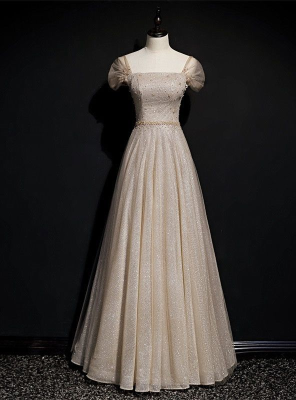 Robe de bal longue en tulle pailleté, ornée de sequins et de perles carrées (Y7585)