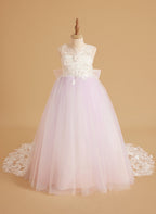 Vestido de niña de las flores sin mangas de encaje y tul con cuentas, estilo princesa de ensueño 