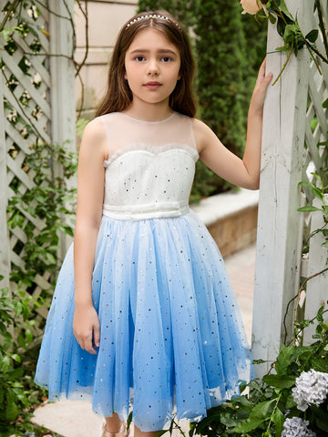 Vestido de princesa/vestido de tul azul hasta la rodilla para niña de las flores 