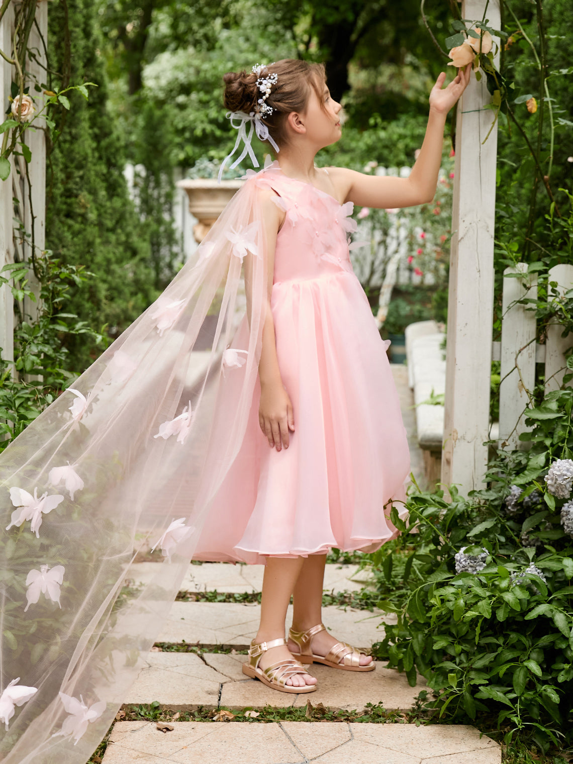 Vestido rosa de organza de corte A hasta la rodilla (010220821) 