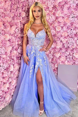 Ultimate Glow A Line Spaghetti Straps Light Blue Long Prom Dress with Appliques