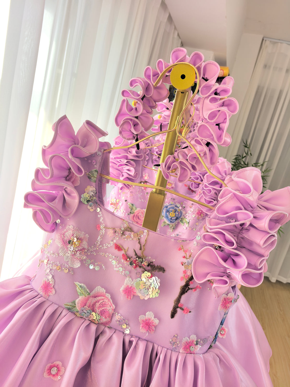 Floral Embroidery Sequins Tulle Knee-length Pink Baby Girl Dress