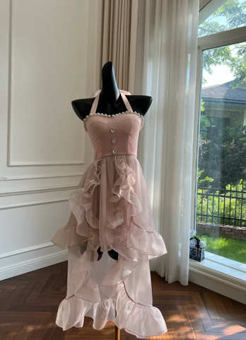 Simple Halter Pink Tulle Pearls Beaded High-Low Ruffles Homecoming Dress Party Dress Y8582