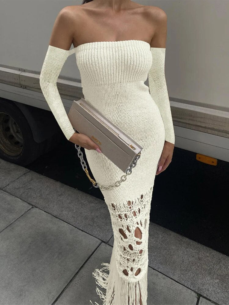 TARUXY Knitted Tassel Maxi Dresses For Women Hollow Out Sexy Bodycon Dress Women's Off The Shoulders Elegant Evening Dress Woman