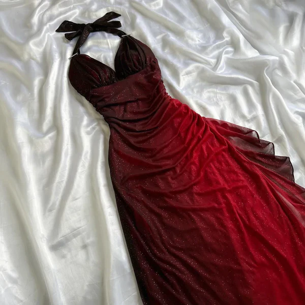 Robe de soirée longue sexy rouge ombrée à col en V en mousseline, dos nu, Y7485