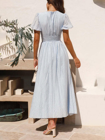 Vestido largo de manga abullonada, cuello en V y bajo extragrande 