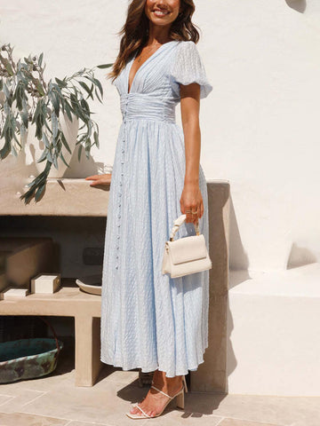 Vestido largo de manga abullonada, cuello en V y bajo extragrande 