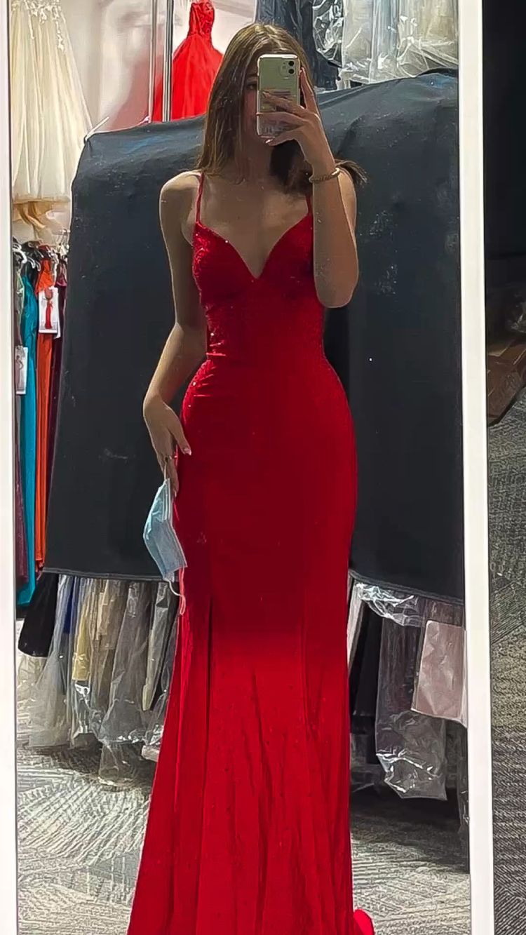 Robe de bal longue sirène rouge élégante, col en V, robe de soirée Y422
