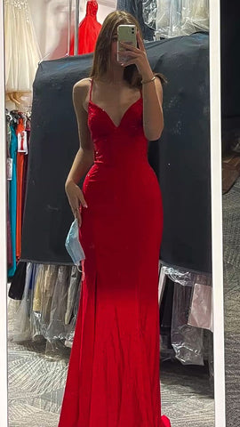 Robe de bal longue sirène rouge élégante, col en V, robe de soirée Y422