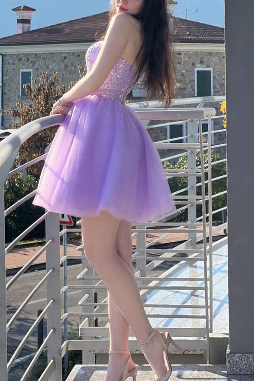 A Line Sweetheart Purple Short Homecoming Dress with Beading