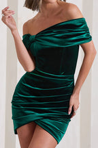 Robe mini portefeuille en velours à épaules dénudées et nœud Bardot, style Paris Streets 