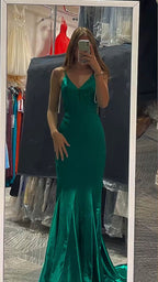 Robe de bal sirène verte à col en V, robe de soirée verte, robe de cérémonie verte ample Y1837