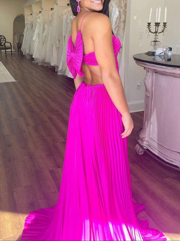 Kimia | Vestido largo de fiesta azul real de gasa plisada con tirantes y corte en A, con lazo en la espalda