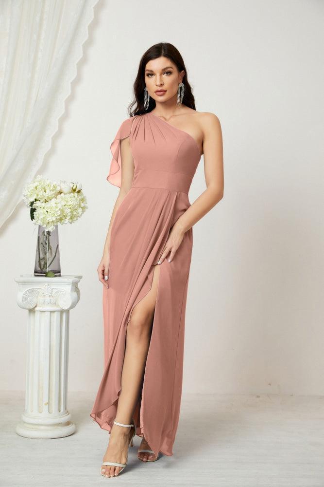 Baoleely  Chiffon Ruffled One Shoulder Long Bridesmaid Dresses A-line Formal Evening Gown Side Split 2809