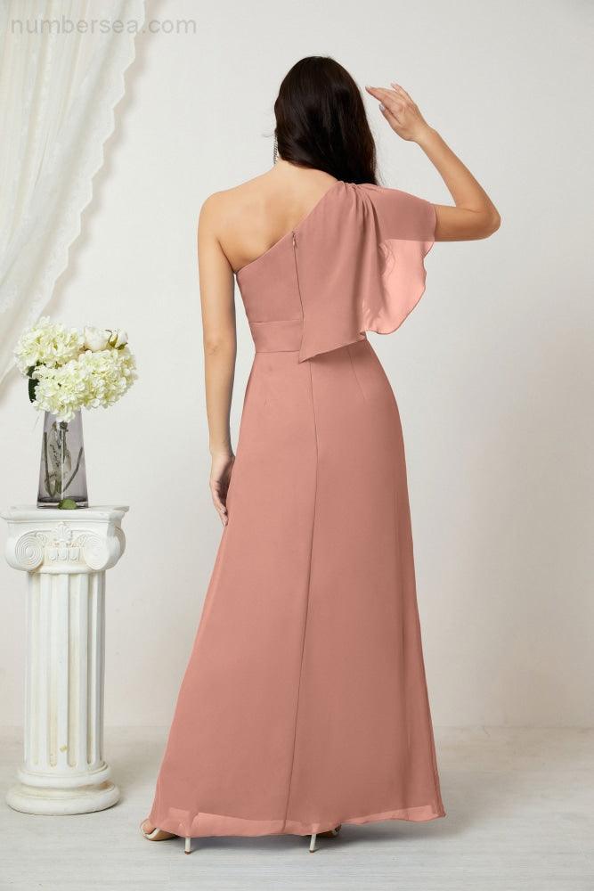 Baoleely  Chiffon Ruffled One Shoulder Long Bridesmaid Dresses A-line Formal Evening Gown Side Split 2809