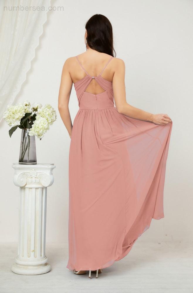 Robe de demoiselle d'honneur en mousseline de soie, longue, coupe trapèze, col en V, pour soirée de mariage, 2801 