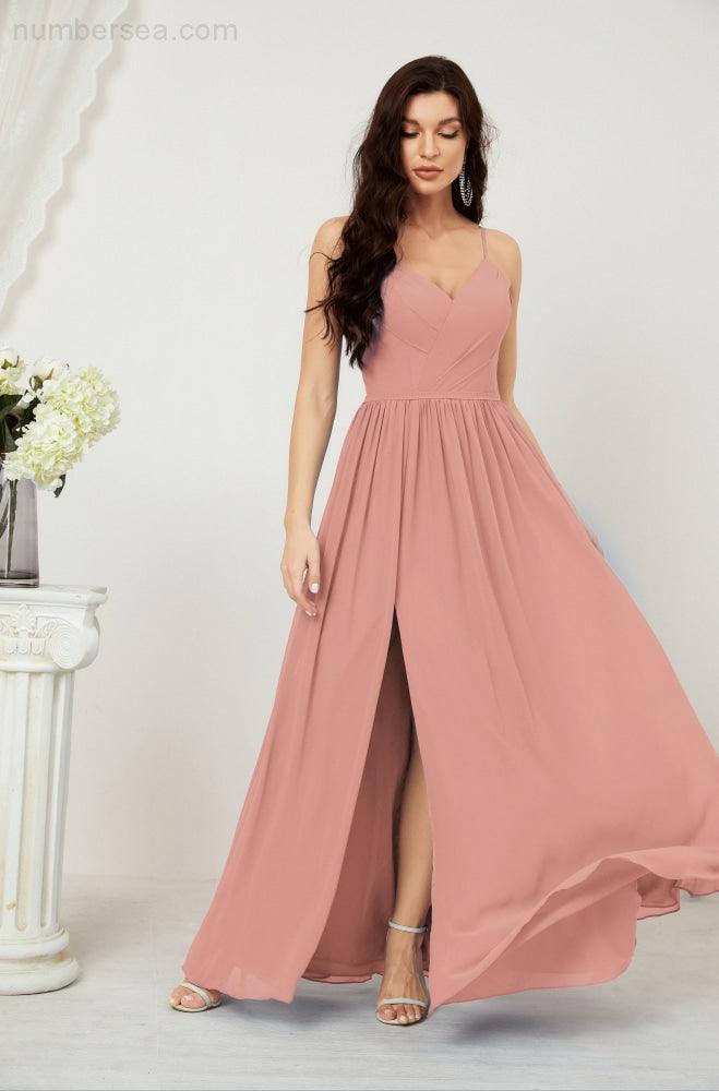 Robe de demoiselle d'honneur en mousseline de soie, longue, coupe trapèze, col en V, pour soirée de mariage, 2801 