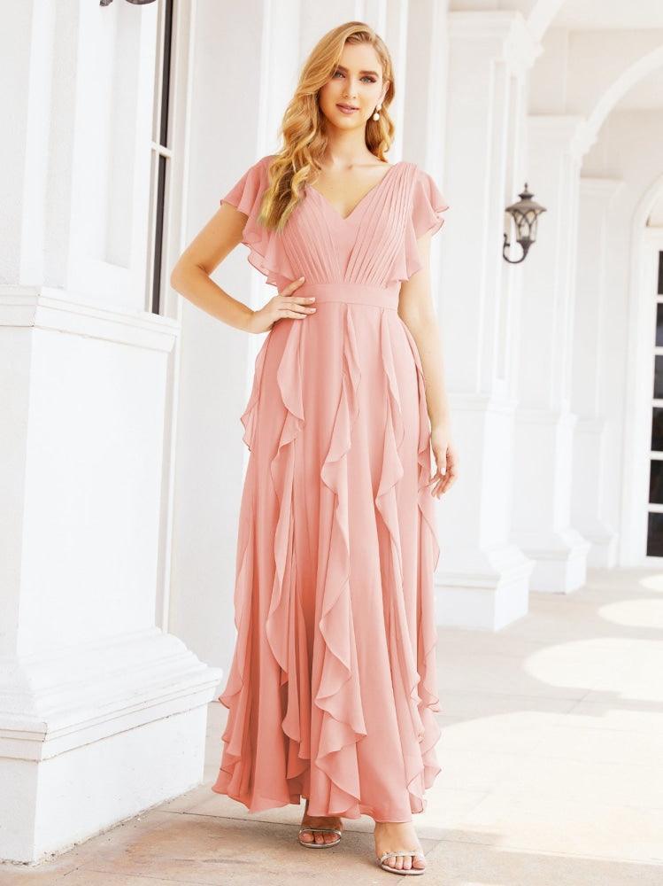 Ruffled Bridesmaid Dresses with Sleeves Long Formal Party Dress 28041