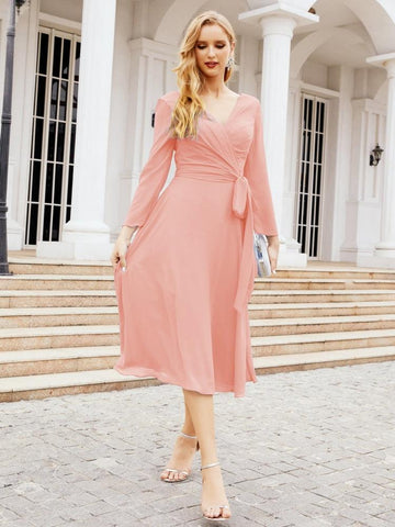 Vestido de dama de honor con espalda en V y cinturón, para la madre de la novia o invitada a la boda SY28031