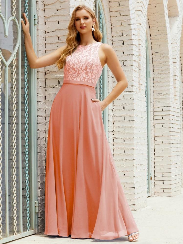 Vestido de dama de honor de encaje, largo hasta el suelo, con bolsillos, 28017 