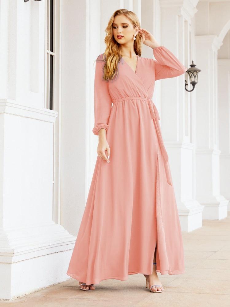 Vestido de dama de honor de gasa para mujer Sunderly, corte en A, manga larga, vestido de noche formal para invitada de boda SY28032 