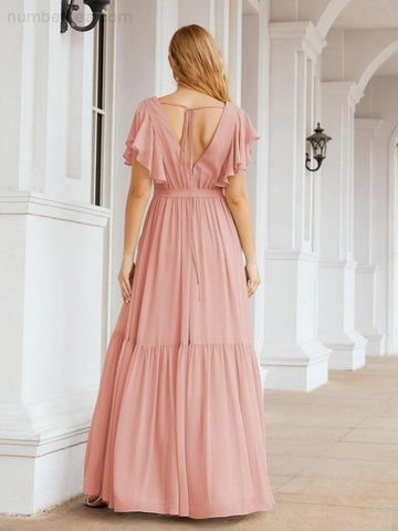 Vestido de fiesta formal de noche con espalda descubierta para mujer Baoleely, escote en V, largo, de gasa, con cinturón a la cintura 28038