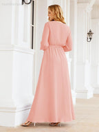 Vestido de dama de honor de gasa para mujer Sunderly, corte en A, manga larga, vestido de noche formal para invitada de boda SY28032 