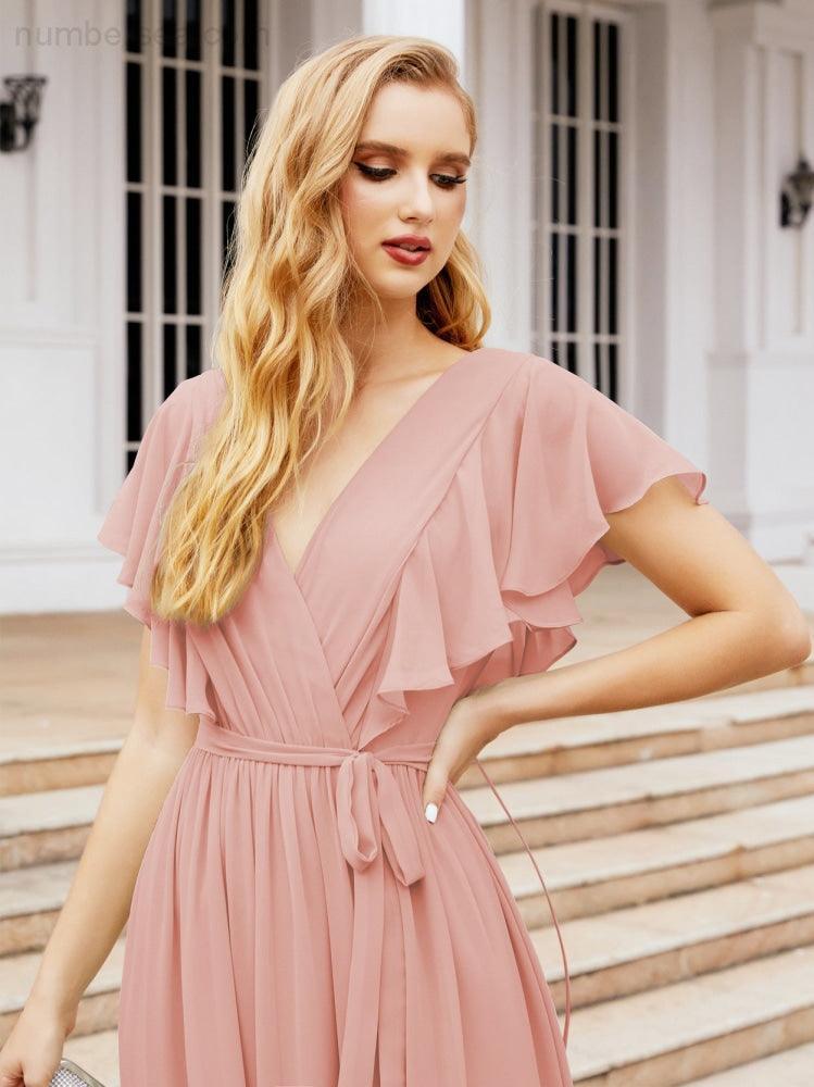 Baoleely Women's Open Back Formal Evening Party Prom Gowns V-Neck Long Chiffon Bridesmaid Dresses with Waist Belt 28038