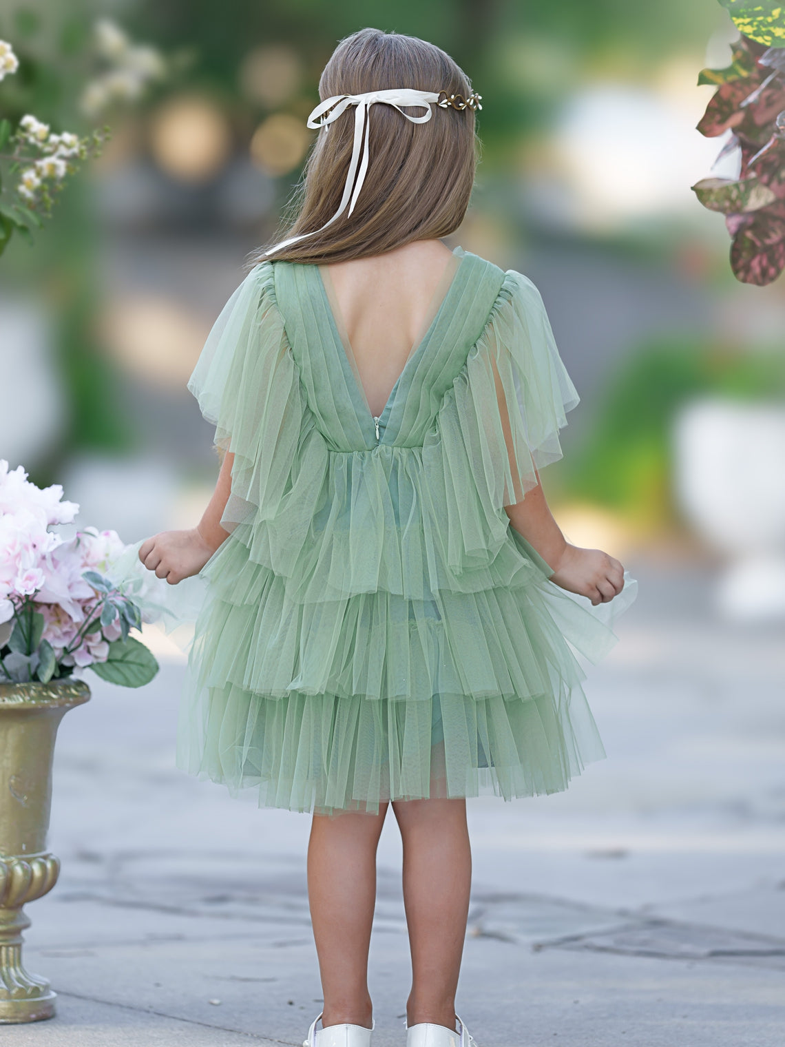 Vestido de niña de las flores de tul verde elegante de hada del jardín encantado
