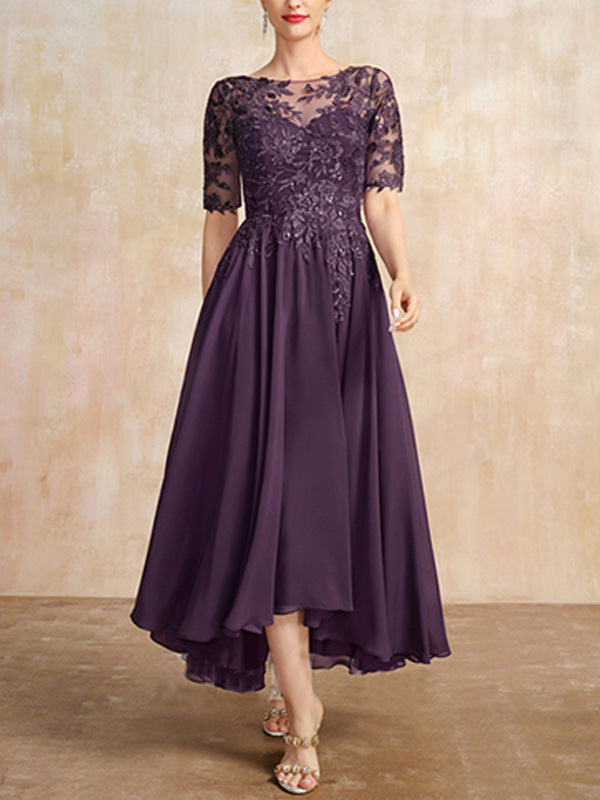 Robe de mère de la mariée asymétrique en mousseline de soie et dentelle, coupe trapèze, décolleté illusion, ornée de sequins 