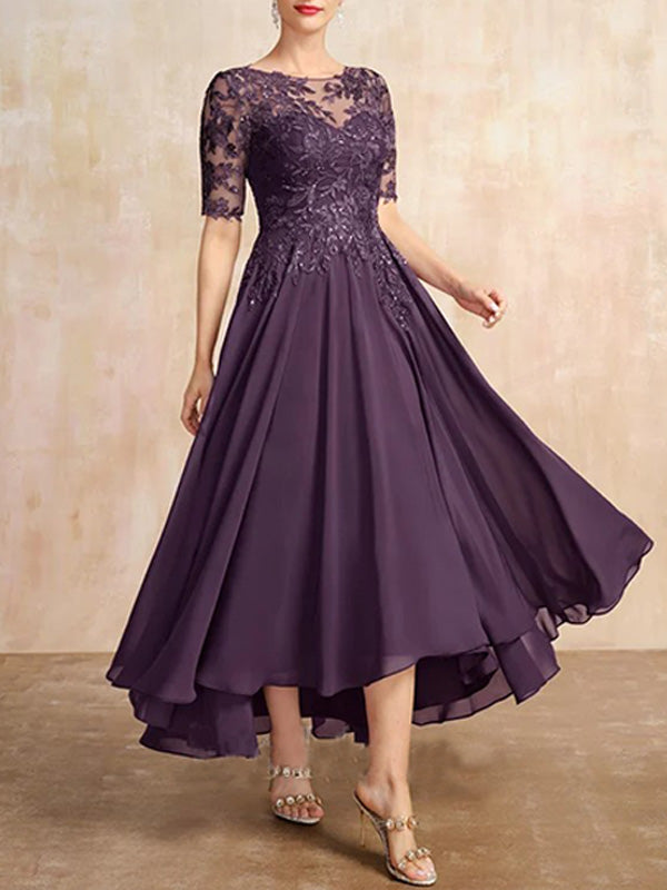 Robe de mère de la mariée asymétrique en mousseline de soie et dentelle, coupe trapèze, décolleté illusion, ornée de sequins 