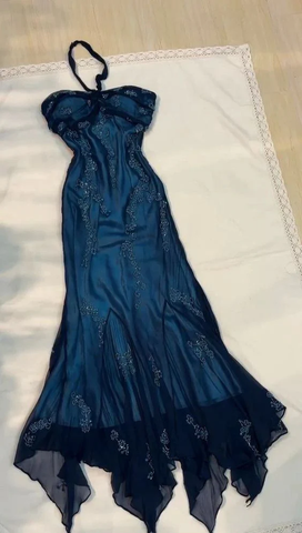 Robe de bal sirène vintage bleu marine en mousseline de soie, dos nu et perles, robe de soirée longue Y7504