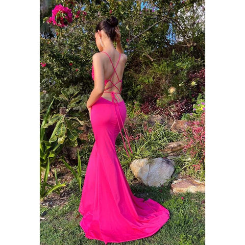 Vestido de fiesta sin mangas con cordones y tirantes de trompeta/sirena de satén