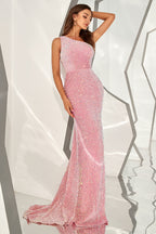 Robe de bal sirène asymétrique à sequins rose poudré