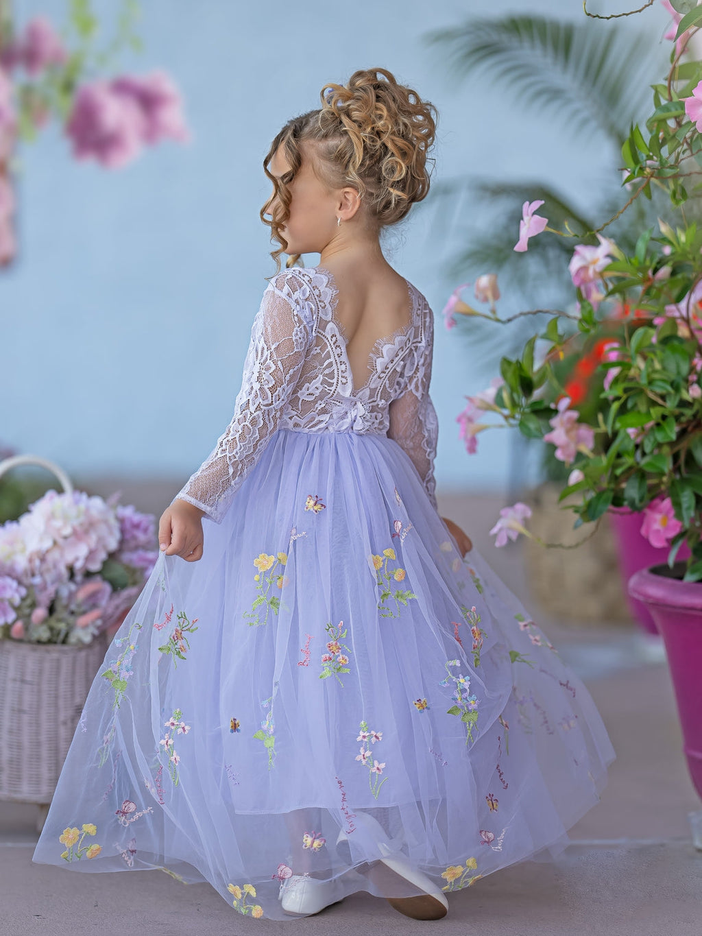 Vestido de niña de las flores de jardín, de tul bordado con encaje floral, corte en A y largo hasta el suelo 
