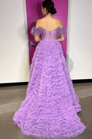Princess A Line Off the Shoulder Purple Long Prom Dress with Feather