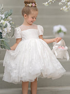 Vestido de niña de las flores de la Primera Comunión de encaje hasta la rodilla 