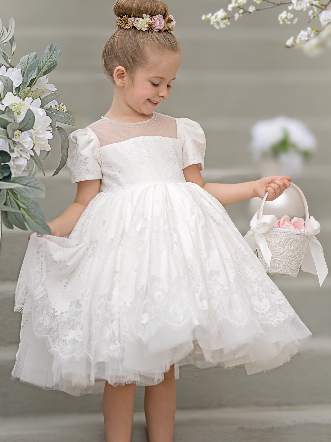 Vestido de niña de las flores de la Primera Comunión de encaje hasta la rodilla 