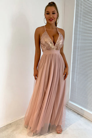 Vestido de fiesta con lentejuelas y escote en V