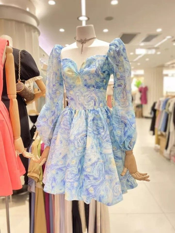 Vintage Print Homecoming Dress with Long Sleeves Party Dress Y2511