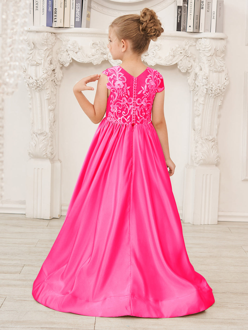Vestido de niña de las flores de corte A, de satén y encaje, hasta el suelo 