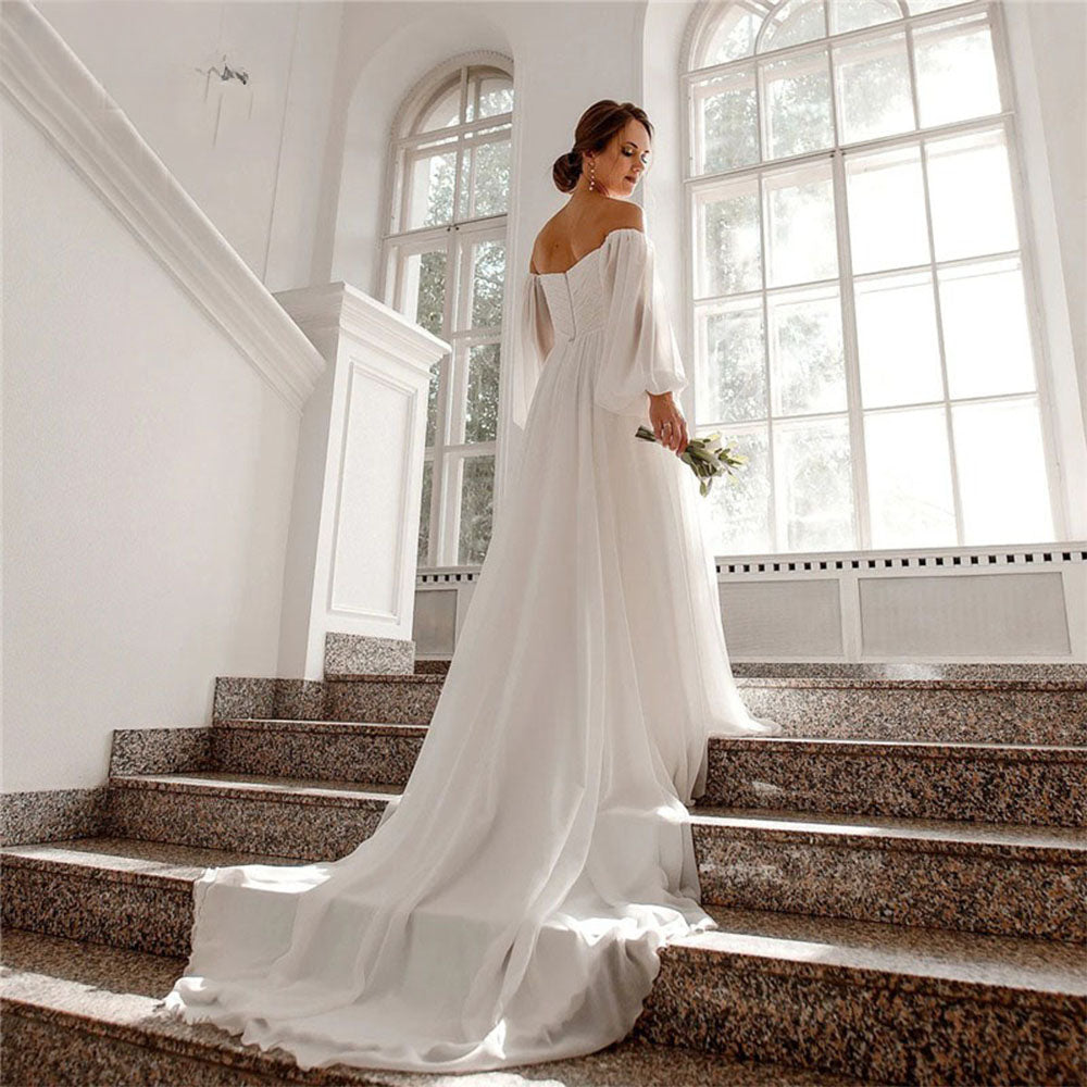 Off the Shoulder Chiffon Boho Wedding Dress 2022 V-Neck Long Lantern Sleeves A-Line Beach Bridal Gowns vestidos de novia
