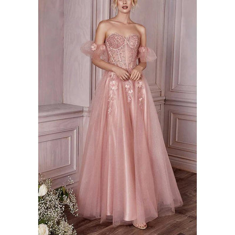 Sweetheart Strapless Floral Appliqued Ruched Tulle A-Line Long Prom Dress