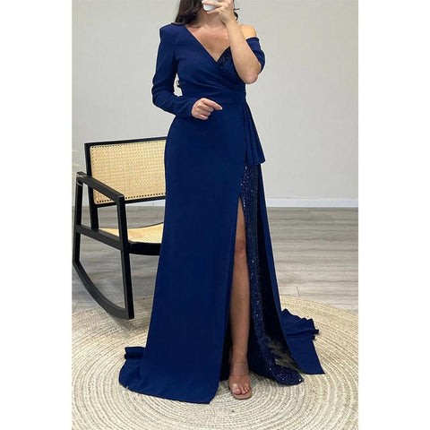 Robe de bal longue sexy asymétrique à perles et col en V 