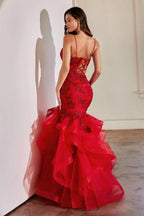 Vestido de fiesta largo de sirena con volantes brillantes, apliques de encaje y tul para mujer. 